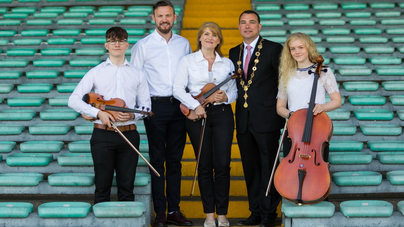 Pictured at the launch of National Geographic: Symphony for Our World at the Gaelic Grounds was Ruadhan Keogh Daly, Andy Lee, event ambassador, Oonagh Keogh, Irish Chamber Orchestra, Cllr James Collins, Mayor of the City and County of Limerick and Aoibhin Keogh Daly. Photo: Oisin McHugh True Media.
