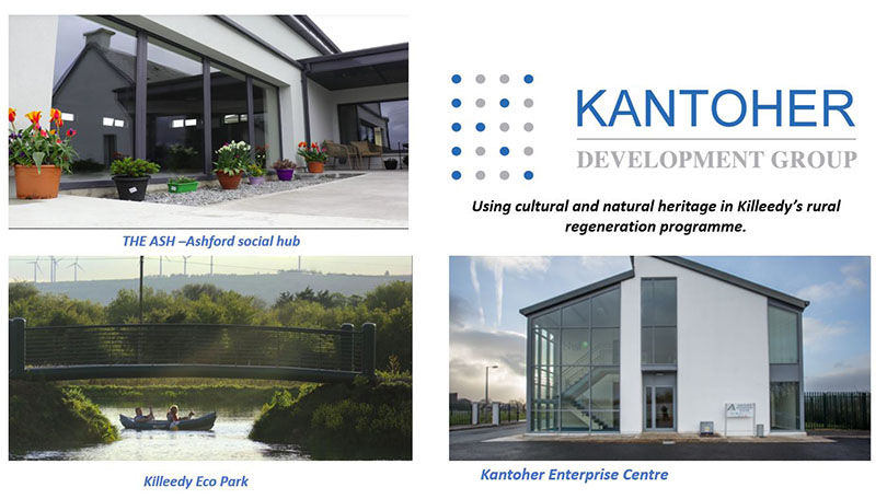 Graphic with four images, buildings in top left and bottom right, river scene in bottom left and text in to right