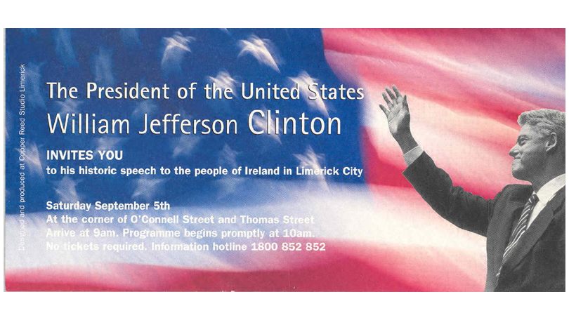 Card with USA flag on background, President Bill Clinton Waving. Pic Limerick Museum