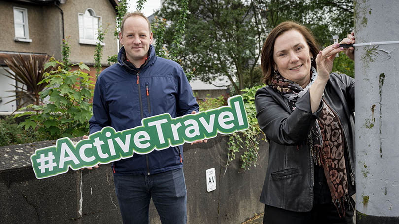 Senior Executive Engineers with the Active Travel team in Limerick City & County Council, Sinead Kennedy and Dan Slavin, at the installation of nitrogen dioxide tubes across 15 different areas of Limerick City which will monitor the air quality. Pic: Don Moloney