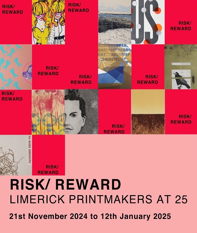 colored poster depicting individual print artworks advertising the exhibition