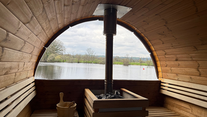 View inside Serenity Saunas Limerick looking out at riverside Castleconnell