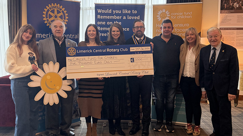 Hannah Meyler (Castletroy Town Centre), Tony Brazil (Limerick Central Rotary Club), Rachel Fullam (Cancer Fund for Children), Denise Brazil (President, Limerick Central Rotary Club), Stephen O’Connor (Vice-President, Limerick Central Rotary Club), Diarmuid Reddan (Limerick Central Rotary Club), Lisa Kearney (Shopping Centre Manager, Castletroy Town Centre) and Fergus Quinlivan (Limerick Central Rotary Club).