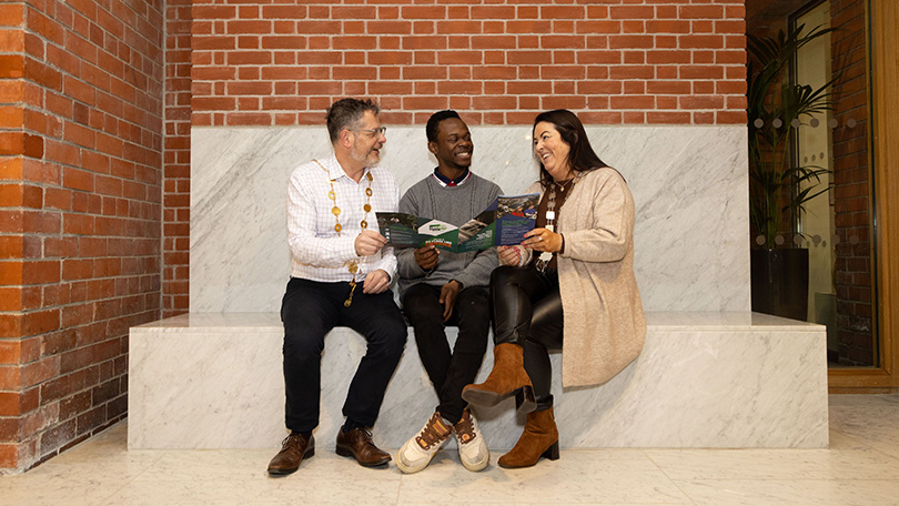 Pictured at the launch of Limerick - The Complete Student Experience video at the Gardens International were Mayor of Limerick, John Moran, student Darrell Miller and Príomh Comhairleoir, Catherine Slattery. Picture: Alan Place