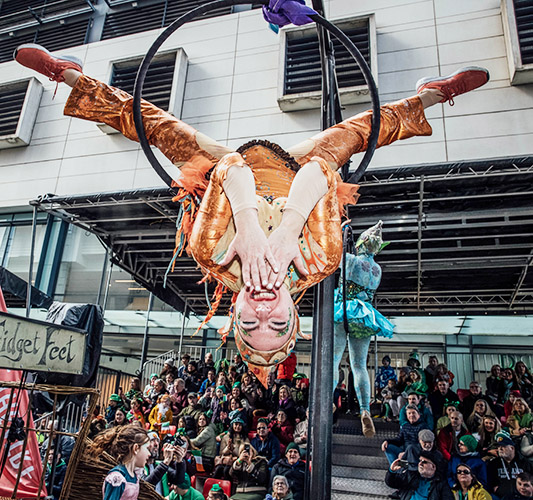 Fidget Feet aerial acrobats performing at the Limerick St. Patrick's Day Parade. Photo Brian Arthur