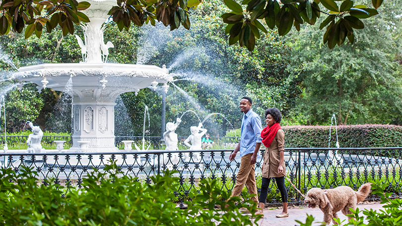 Savannah Couple Strolling in Forsyth Park, Savannah, GA