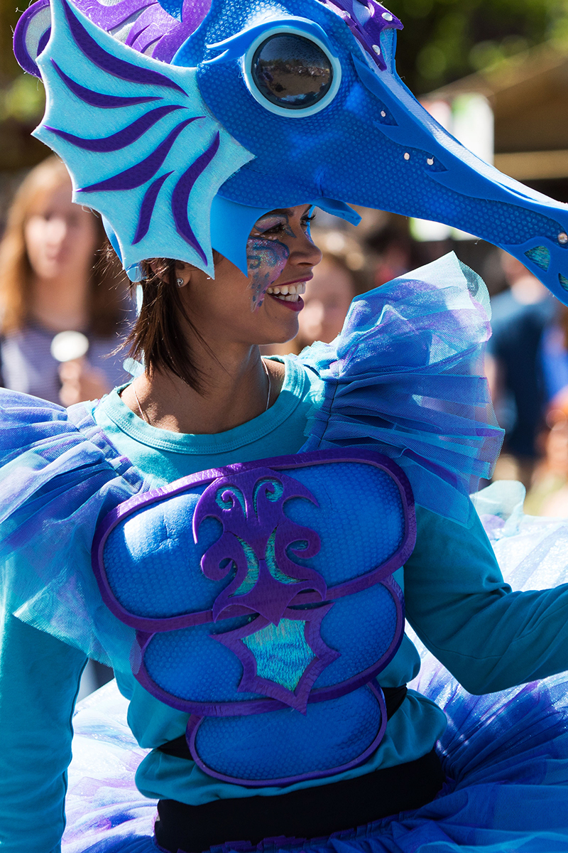 Performer in a blue seahorse costume at the Riverfestival Village during Riverfest Limerick 