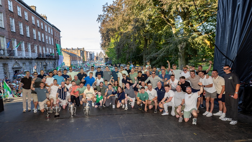 All-Ireland winning senior hurling team and backroom staff on stage