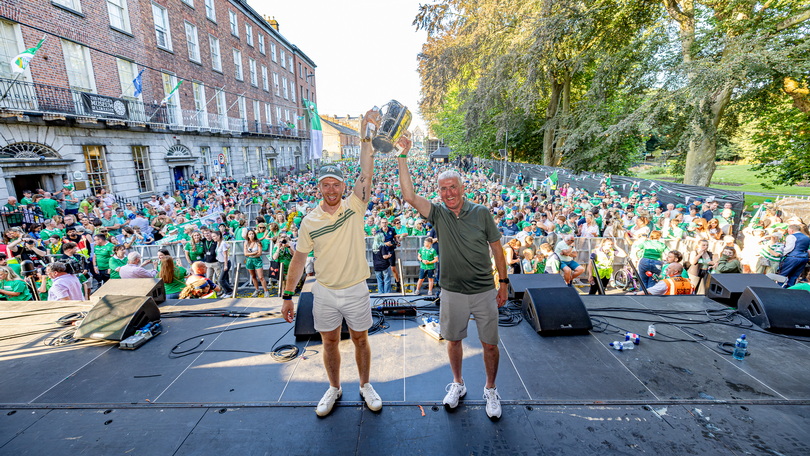 Cian Lynch and John Kiely lifting the Liam MacCarthy in front of the Limerick Crowd