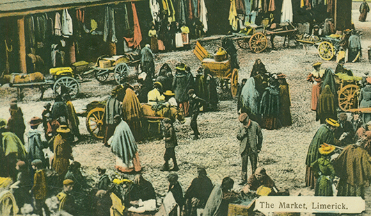 Image of crowds at Limerick Milk Market from the 1900s. Image courtesy of Limerick Museum