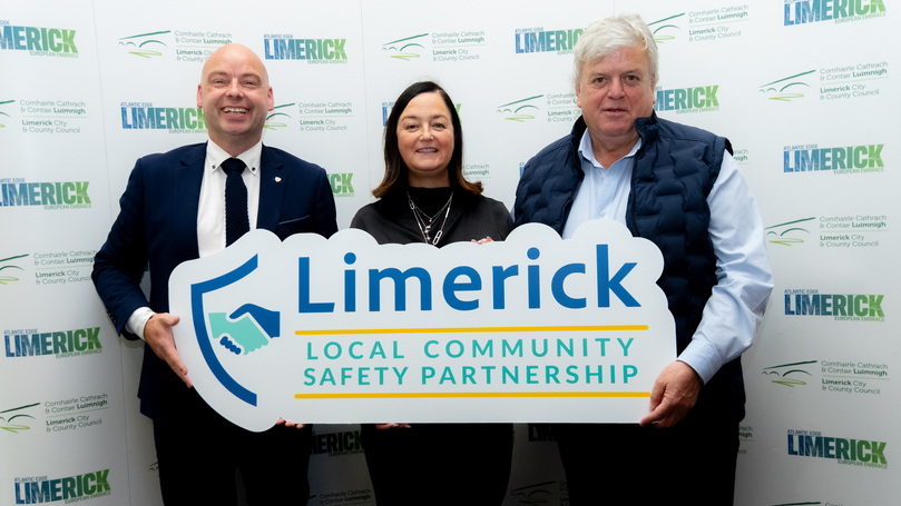 New LCSP Chair, Cllr Bridie Collins (centre) with Cllr Greg Conway, Vice Chair (right) and Paul Moroney, Community Safety Co-Ordinator at LCCC