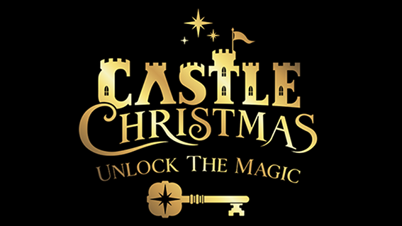 Castle Christmas Logo with gold lettering on black background