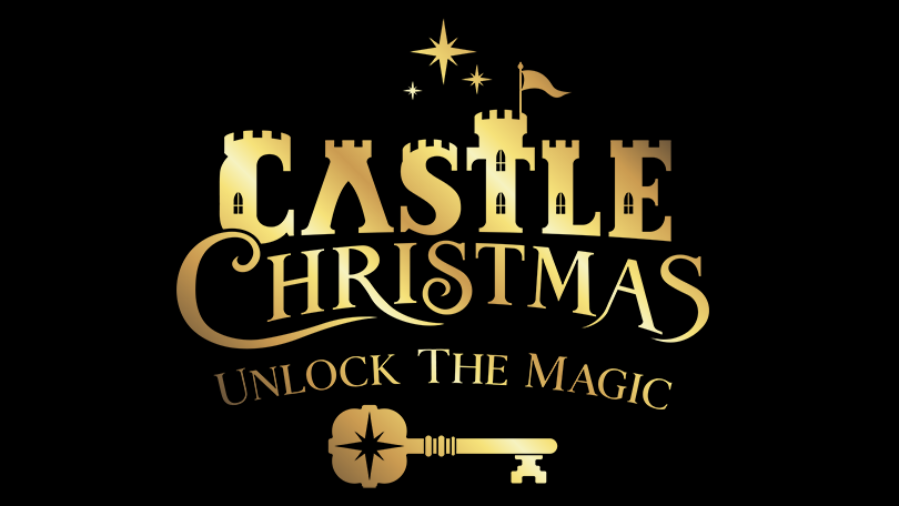 Castle Christmas Logo - gold lettering on black background