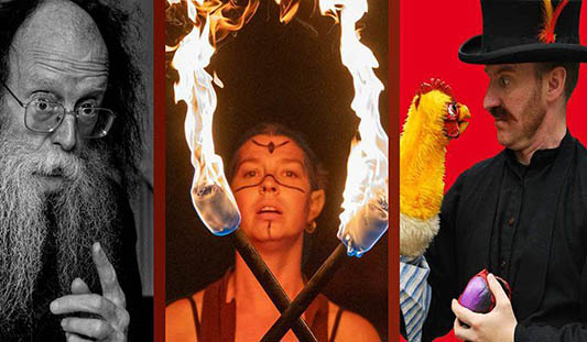 Trio of images: Black and white image of a man with glasses and long beard; performer holding lit fire batons and a man dressed in black with a back top hat looking at a chicken puppet on his right arm