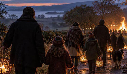 Group of people waking with lanterns at Lough Gur, Co. Limerick