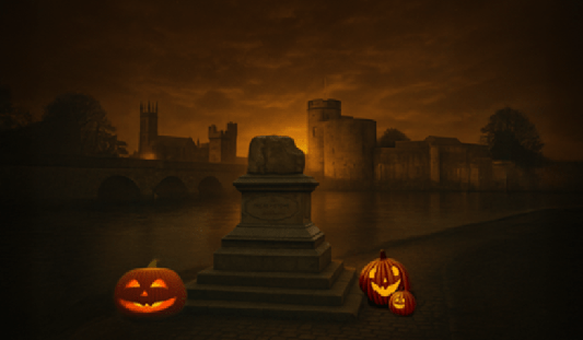 Orange and black Halloween themed graphic of pumpkins at the Treaty Stone in Limerick