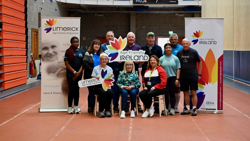 A group of participants pose for a group photo with Limerick Age Friendly Programme signage at the Regional Sports Taster Day. Photo: Paul Mullins